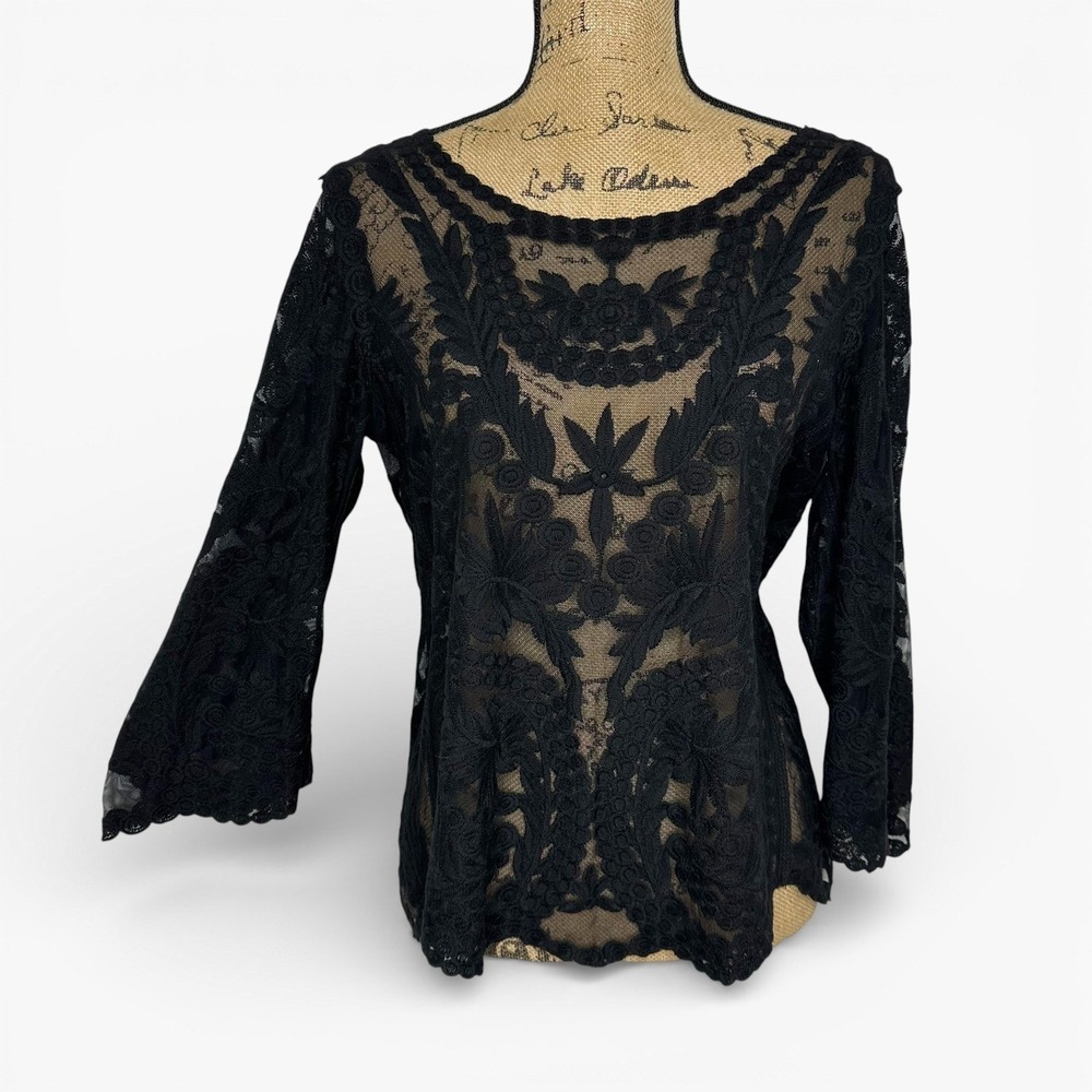 Divided H&M Sheer Floral MeshTop Black Flare Sleeve Layer Whimsigoth Sz S/M‎